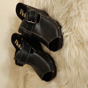 Reba Black Leather Buckle Wedge Sandal